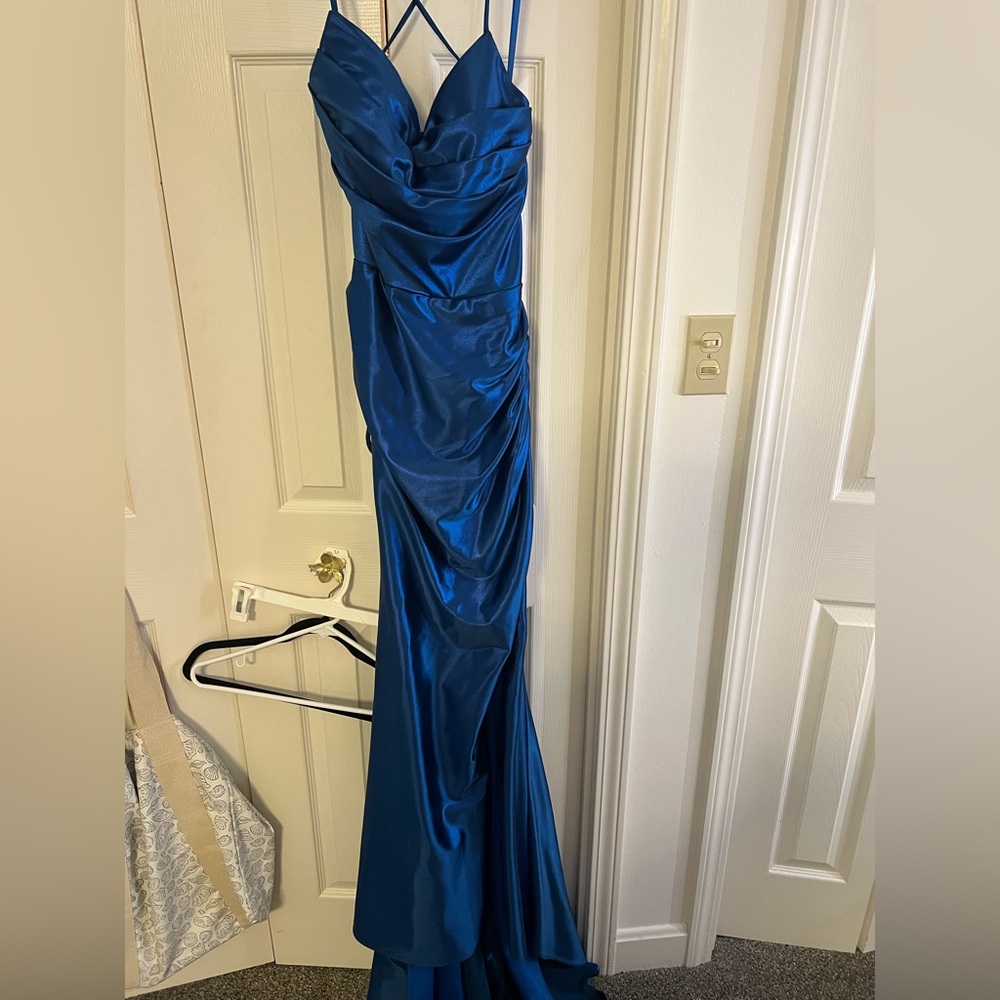 Sleek Blue Satin Evening Dress